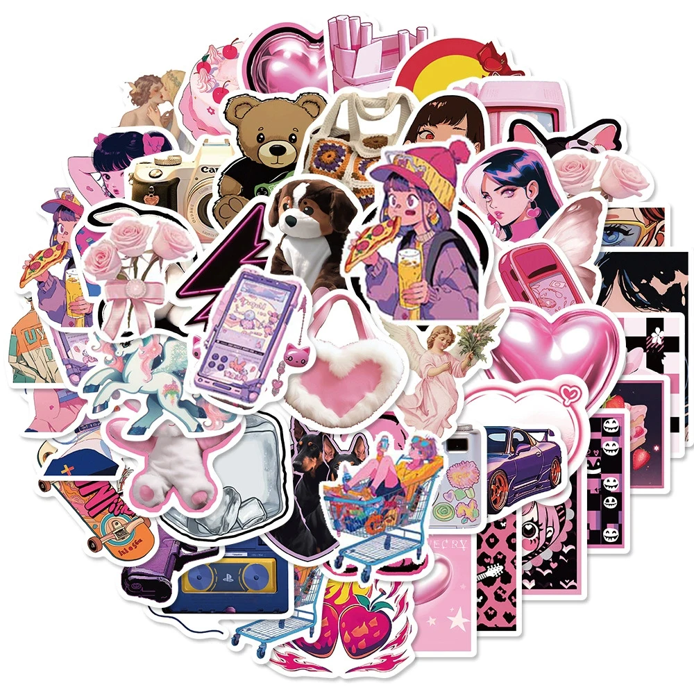 

10/30/50pcs Cool Anime Pink Girls Aesthetic Stickers Kawaii Cartoon Sticker Notebook Luggage Laptop Skateboard Decals Decoration