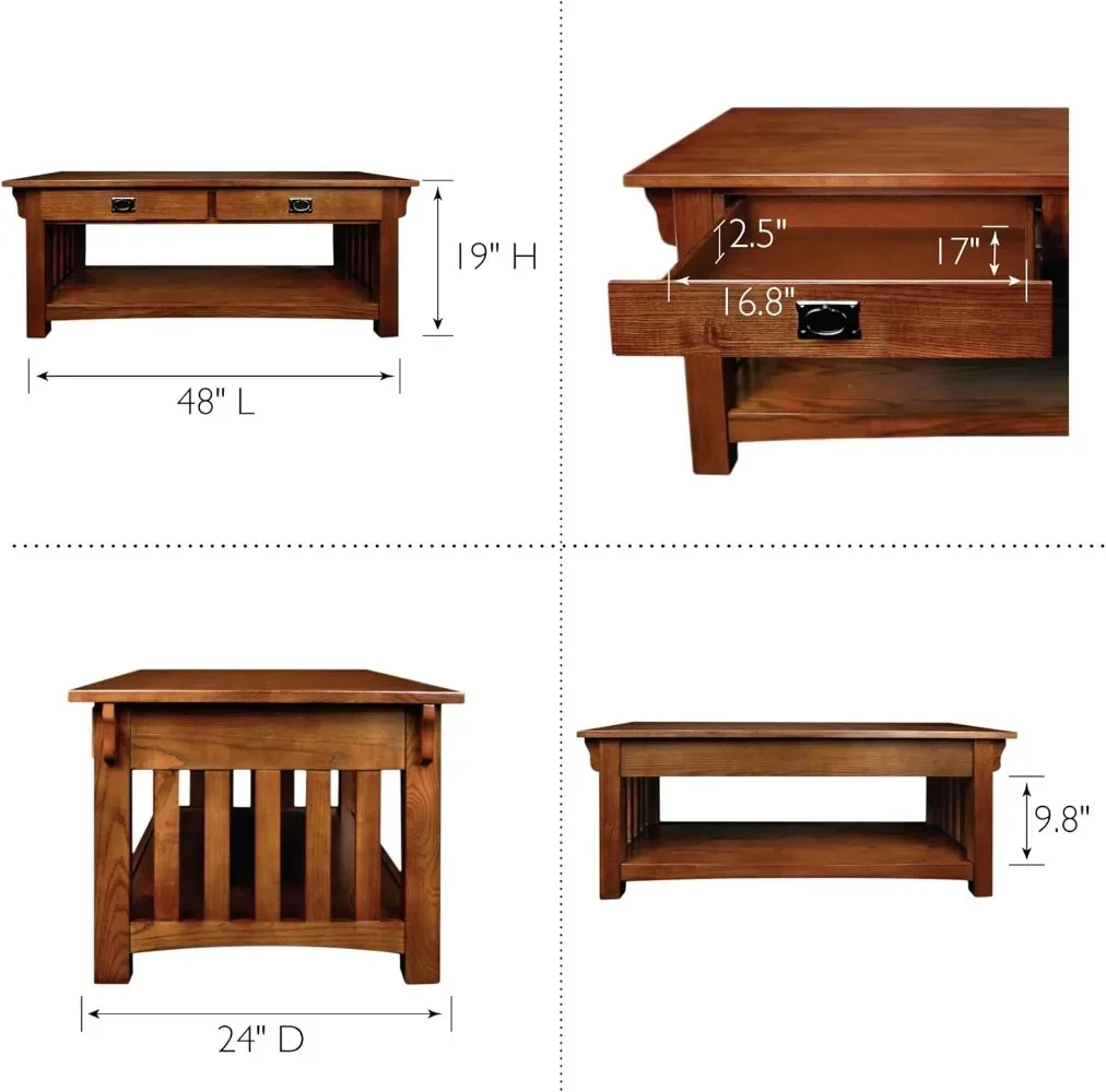 Leick Home 8204 Mission Impeccable Coffee Table for Living Room, Two Drawers and Shelf, Made with Solid Wood, Medium Oak Finish