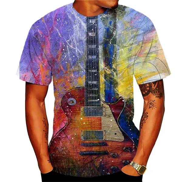 

Summer New Latest 3D Printed Guitar T-shirt Fun Round Neck Short Sleeve T-shirt Unisex