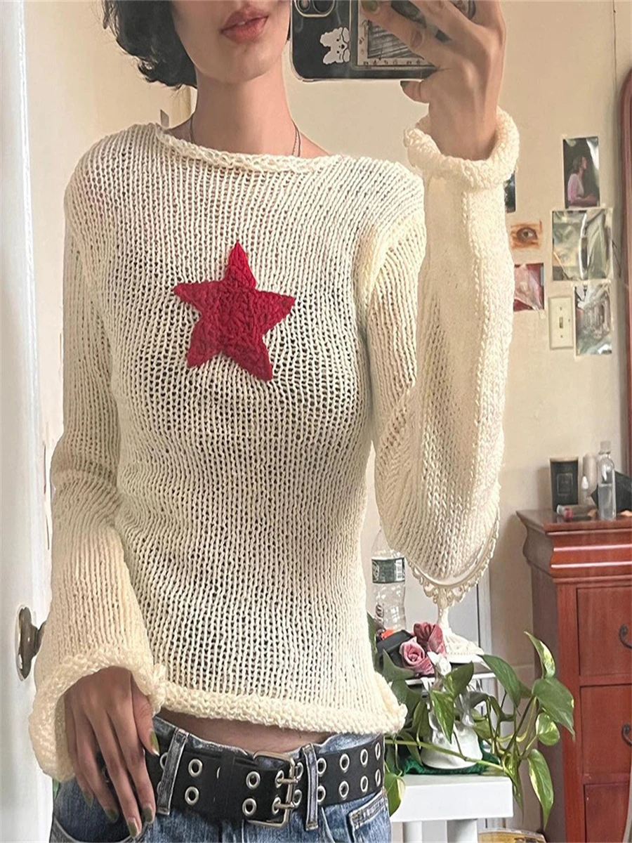 Women's Y2K Hollow Out Crochet Sweater Vintage Star Pattern Long Sleeve Smock Pullovers Fishnet Coverup Fairycore Grunge Clothes