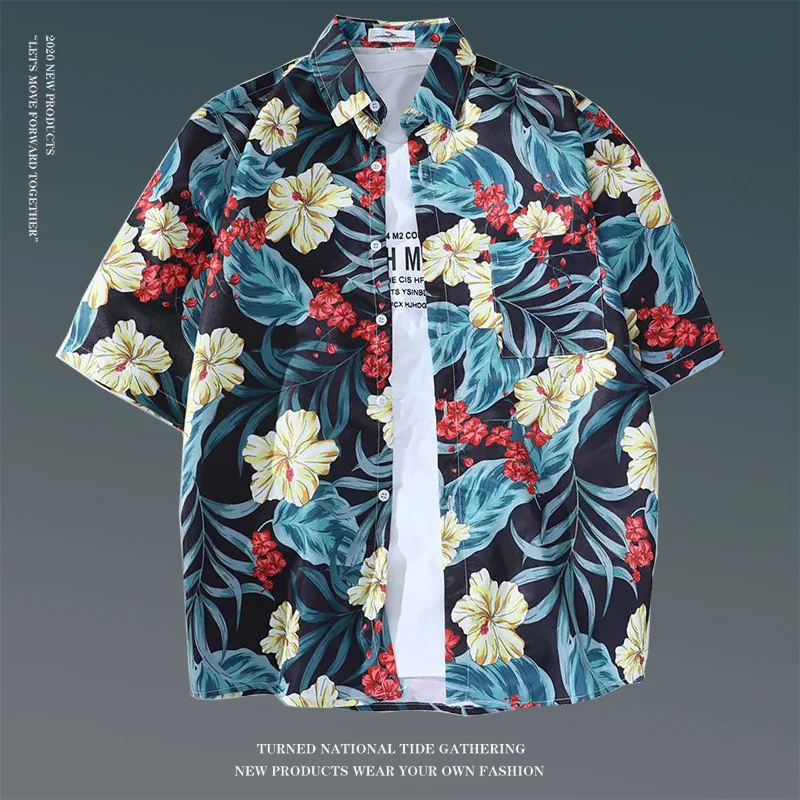 Hip Hop Hawaiian Summer Men's Shirt Casual Loose Popular Fashion Beach Holiday Floral Print Short Sleeve Tops Shirt Unisex