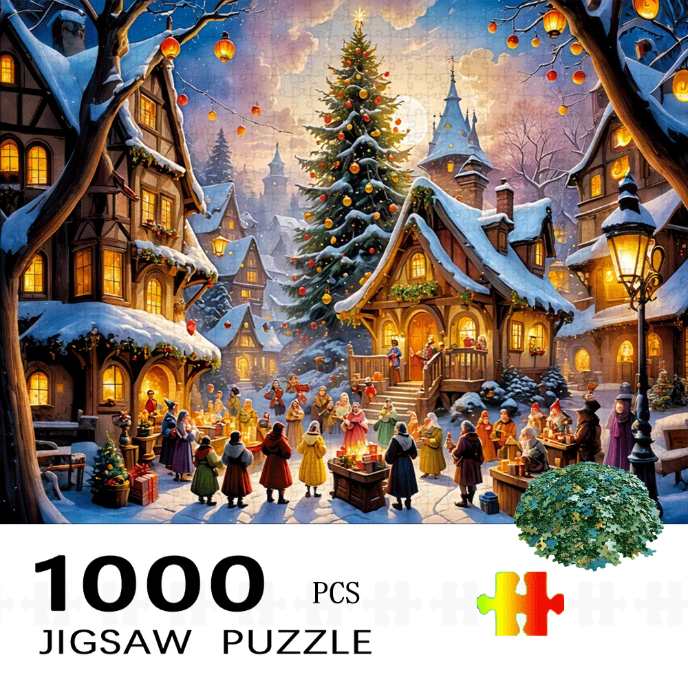 

Праздничная тематическая живопись, Рождественский город, бумажная головоломка, 1000 шт., большая игрушка-головоломка, игра для взрослых, подарок, семейная интерактивная головоломка, сделай сам, Хо