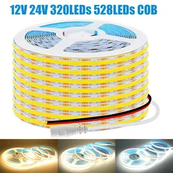 12V 24V COB LED Strip Light 320 528LEDs/M Flexible LED Tape Ribbon 3000K 4000K 6000K High Density Linear Lighting 0.5M 1M 5M 10M