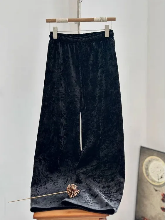 Damskie spodnie z szerokimi nogawkami z aksamitu na zimę, nowe, w stylu chińskim, złoty aksamit, luźne, proste, codzienne spodnie.