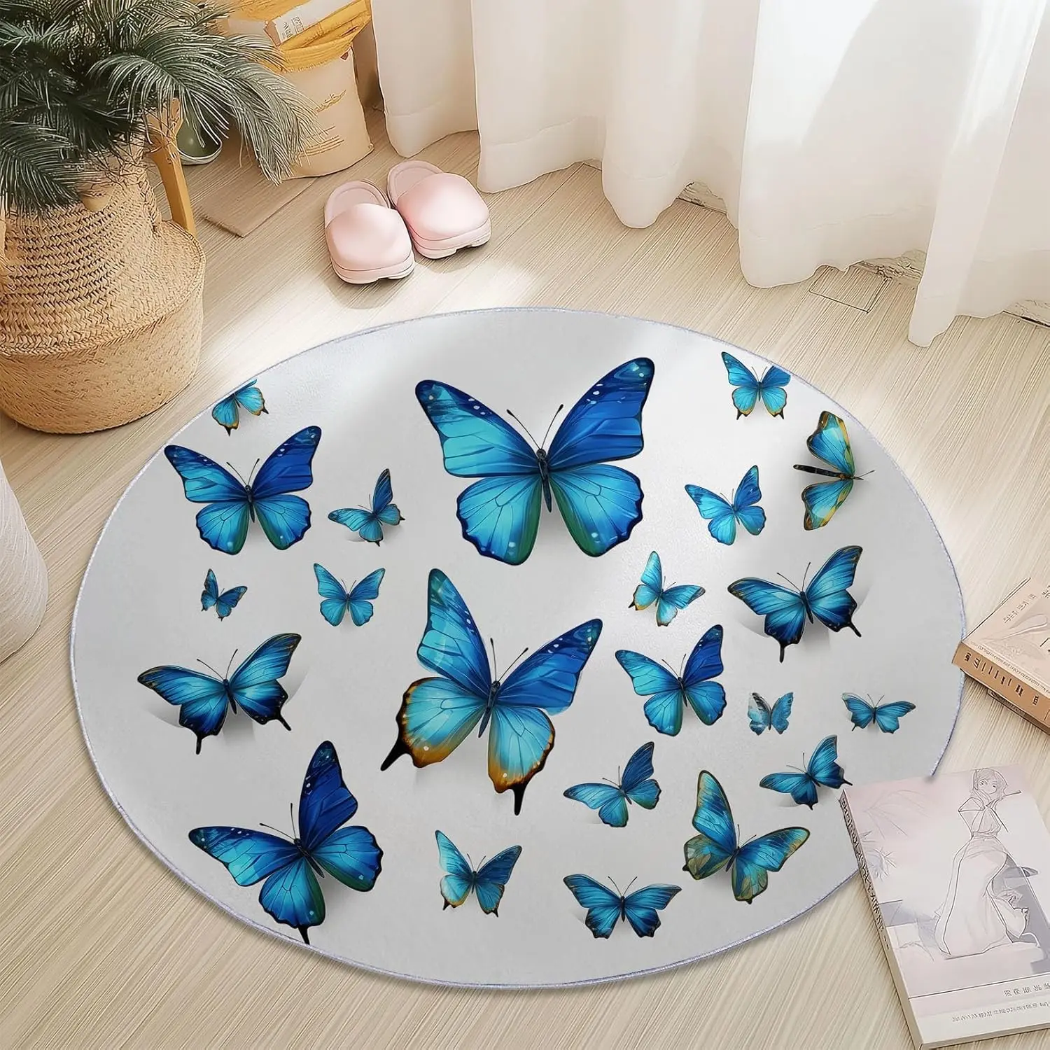 

Cartoon Insects Blue Butterflies Print Non Slip Easy Care Circle Carpet, White Non-Shedding Low Pile Rug for High Traffic Areas