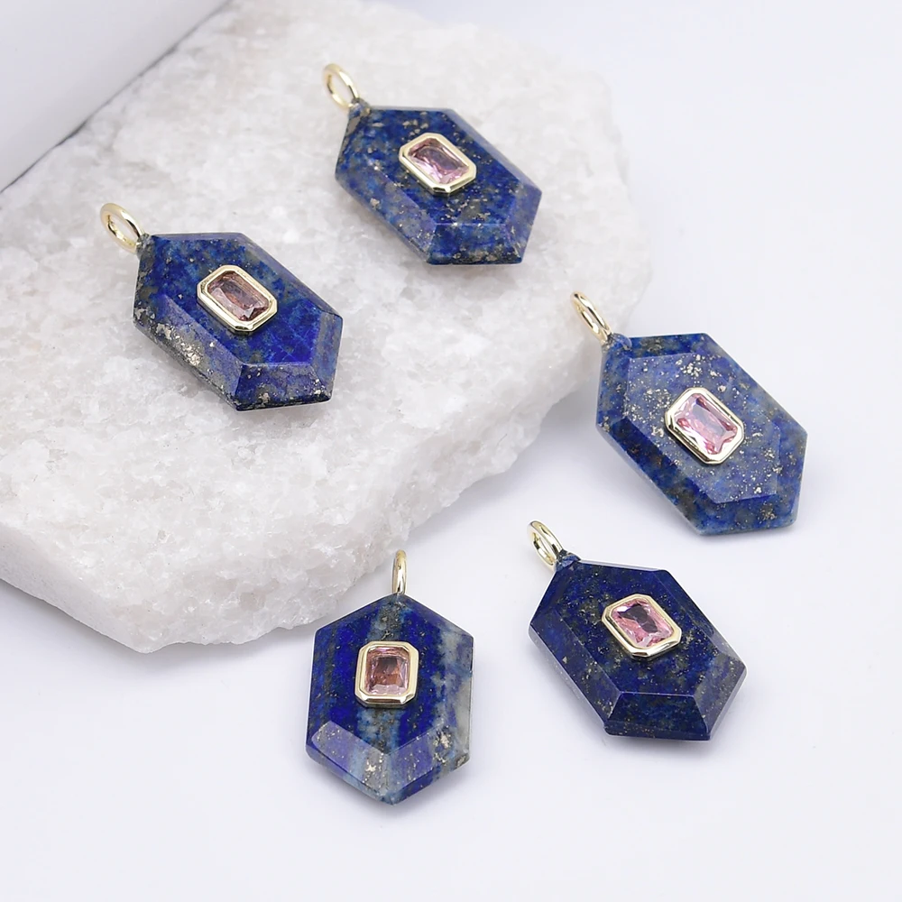 APDGG 5 Pcs 15x25mm Natural Blue Lapis lazuli Hexagon Shape CZ Paved Charms Pendant Beads Jewelry Making DIY