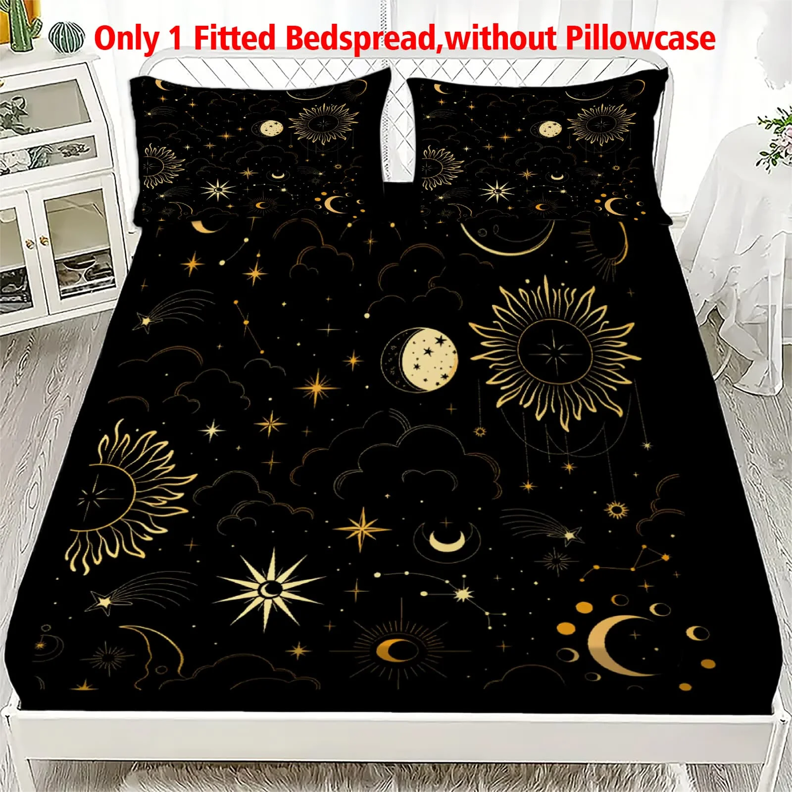 1pc Celestial Sun, Moon and Stars Print Fitted Sheet Deep Pocket Elastic Mattress Cover Single Double Queen King Bedroom Decor