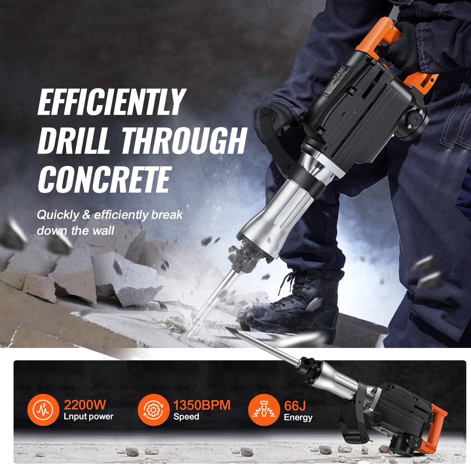 SucceBuy Demolition Jack Hammer 1350 BPM Concrete Breaker 6pcs Chisels Bit Chipping Case 2200W Electric Jackhammer Heavy Duty