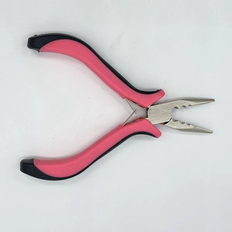 1 piece Pink handle carbon steel straight nose plier with 3 holes Feather hair extension clamp