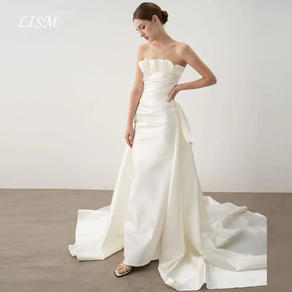 LISM Senza spalline A-Line Abiti da sposa moderni coreani Servizio fotografico Abiti da sposa progettati in raso di seta Personalizzato Cerniera