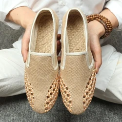 Chinese Style Hollow Summer Breathable Sweat-Absorbing Beef tendon Bottom Soft Bottom Linen Canvas M,en's Slip-On Men's Shoes