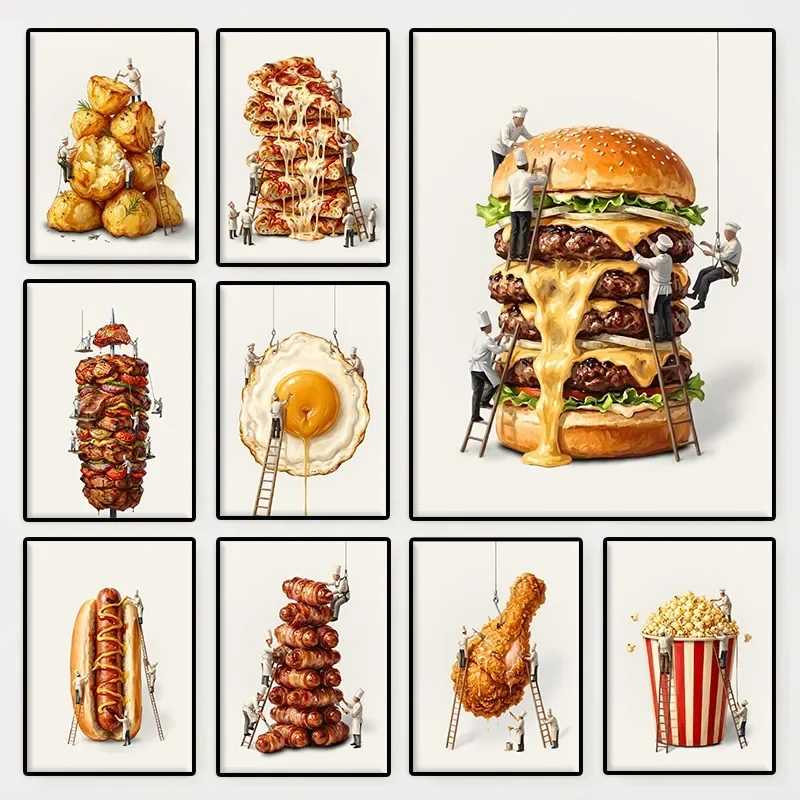 Abstract Chef Cooking Food Poster Hamburgers Fried Chicken Pizza Hot Dogs Canvas Painting Wall Art for Kitchen Dining Room De