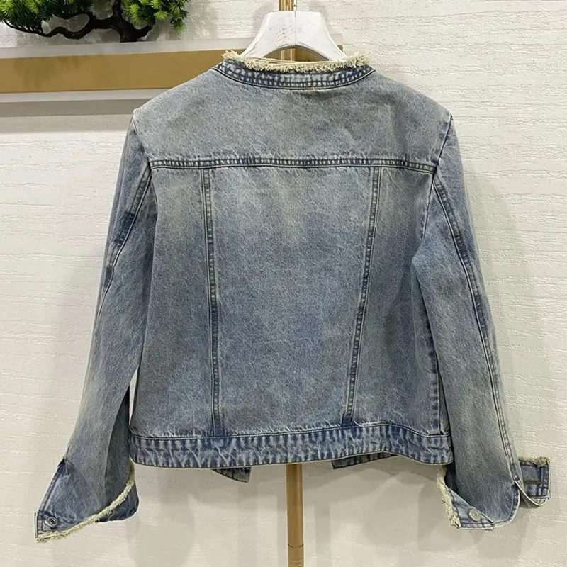 Design sense rough Edge Jean Outcoat For Female Spring and Autumn 2025 New Heavy Industry Beaded High-grade Denim Jacket Women