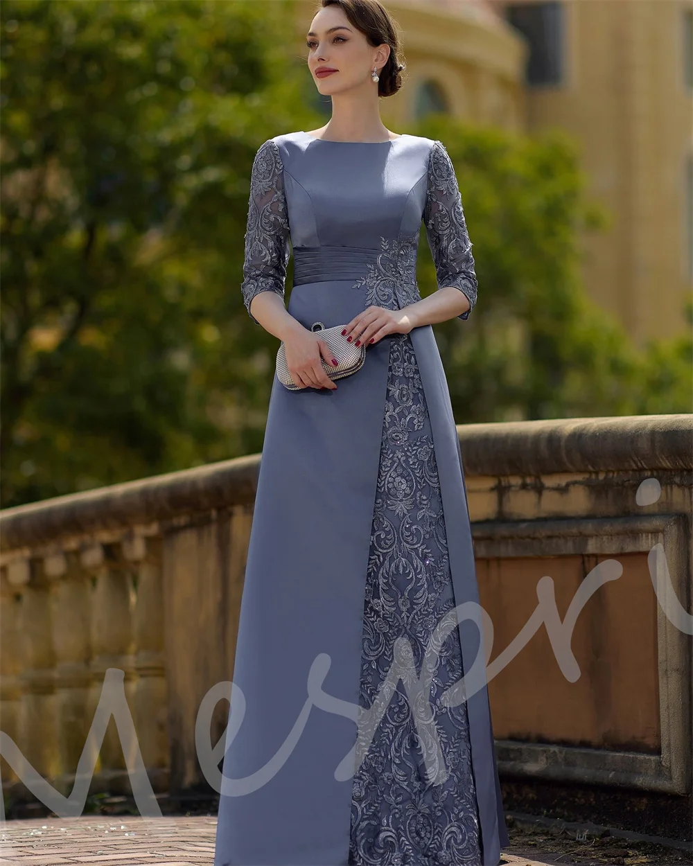 Customized Elegant Charmeuse Lace O-Neck A-line Long Dresses Bespoke Occasion Party Mother Of The Bride Gown Classic Formal image 2