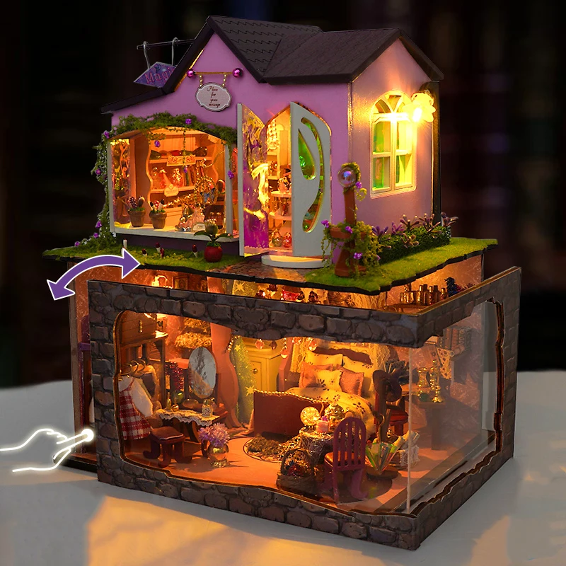 DIY Wooden Miniature Building Kits Witch Magic Shop Cottage Doll Houses With Furniture Lights Casa for Friends Birthday Gifts