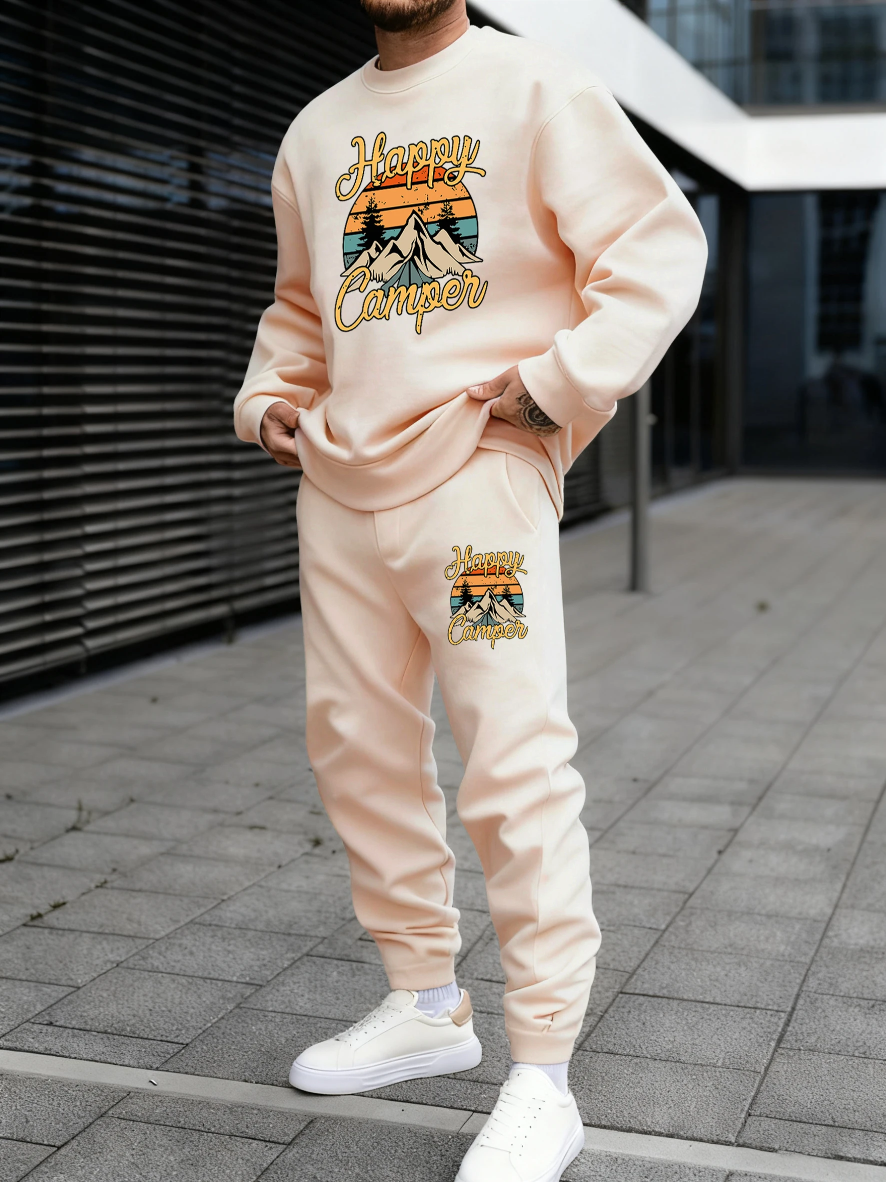 

Happy Camper Mountain Print Men Sweatshirt Set Casual Loose Hoodie Autumn Fleece Sweatpants Soft Comfy Pants Jogging Men'S Sets