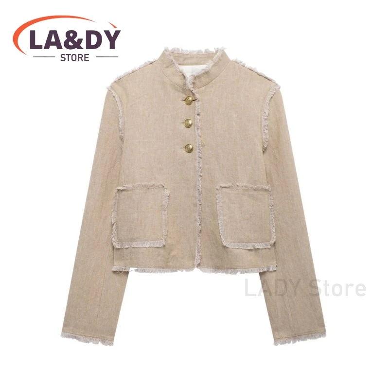 Jacket Coat Woman 2024 Fashion Stand Collar Single Breasted Linen Female Solid Color Casual Long Sleeves Pocket Tops Outerwears