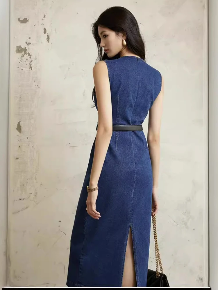 Robe mi-longue élégante, col rond, sans manches, cintrée à la taille, tendance, décontractée, vêtements de rue, nouvelle collection été 2025, pour femmes, coupe slim, en jean