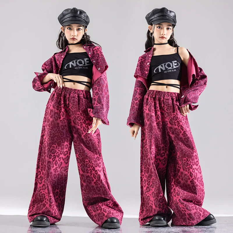 Kids Hip Hop Tops leopard pattern Streetwear Dance Cargo Pants Girls Perforamance Suit Children Jazz Costumes K-pop Clothes Set