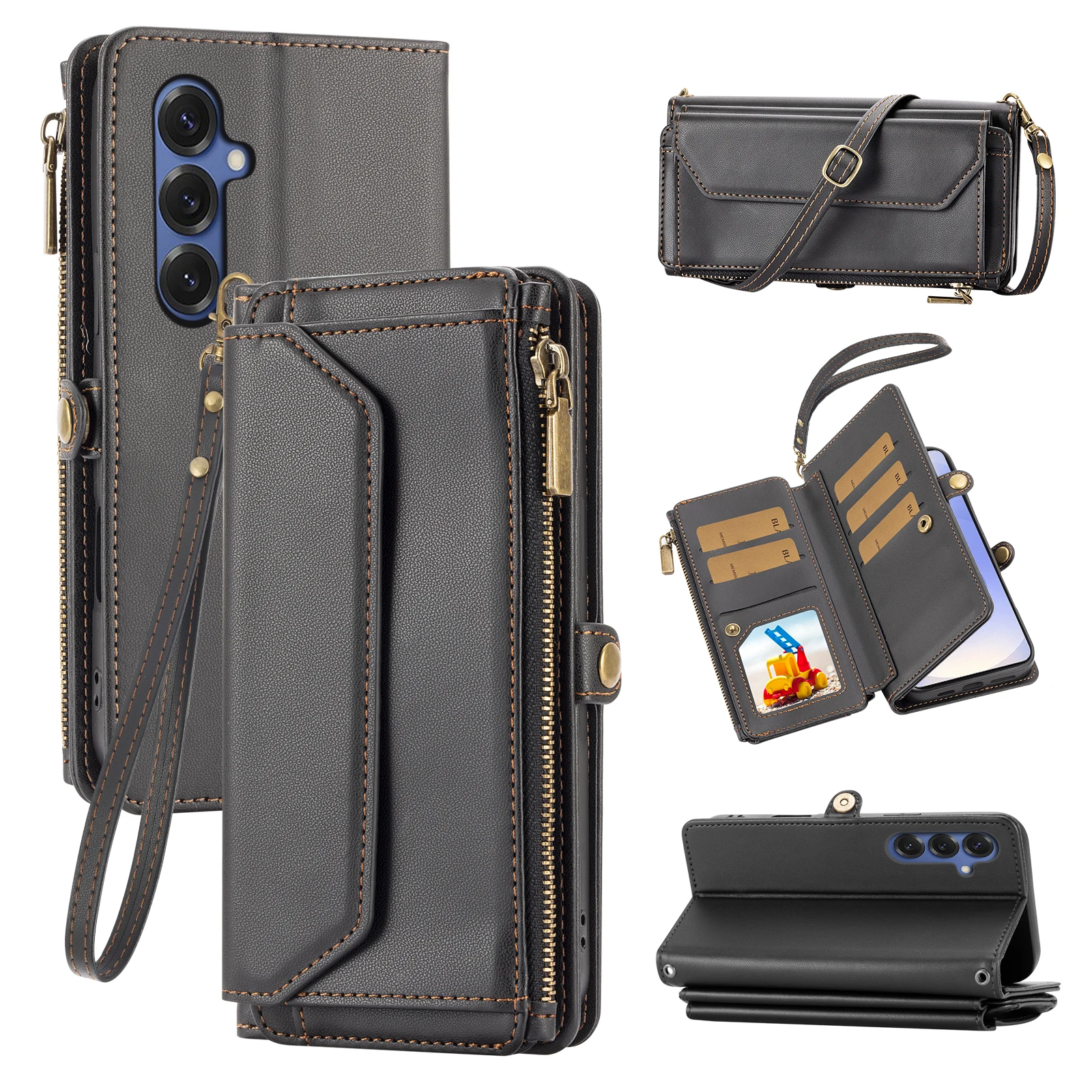 Handyhülle im Wallet-Stil für Samsung A17/A16/A15/A14/A13/A26/A36/A55/A56/A57 mit Umhängegurt, mehreren Kartenfächern und Münzfach, Handyhülle aus Kunstleder – Detail 4