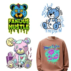 New DIY Hustle Bear Patches Cartoon Beaten Teddy Bear Doll Transfer Printing Iron-on DTF Thermal Transfer Sticker for Jacket Bag