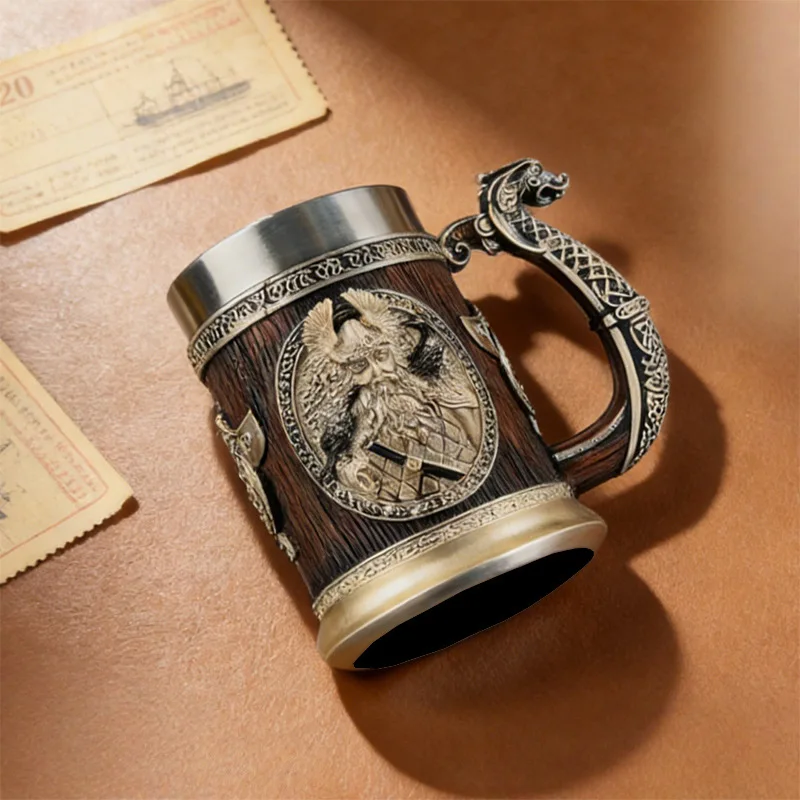 Large Capacity Norse Odin Viking Tankard Beer Mug Stein With Stainless Steel Liner Nordic Tradition Coffee Mug Drink Cup Gift