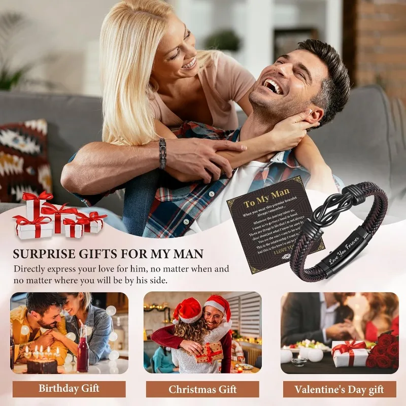 Brown Braided Leather Infinity Knot Men's Bracelets Gifts for Men Engraved Love Massage for Son Man Husband Boyfriend