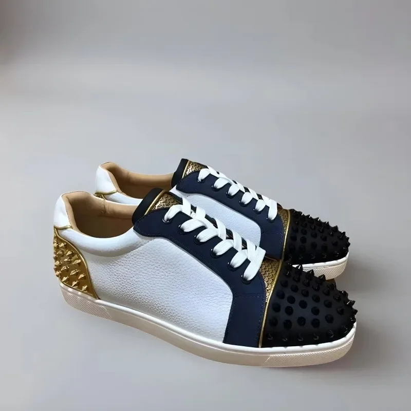 Luxury Low Top Red Bottom Shoes For Men Trainers Spiked White Lychee Genuine Leather Rivets Toecap Gold Heels Flats Sneaker