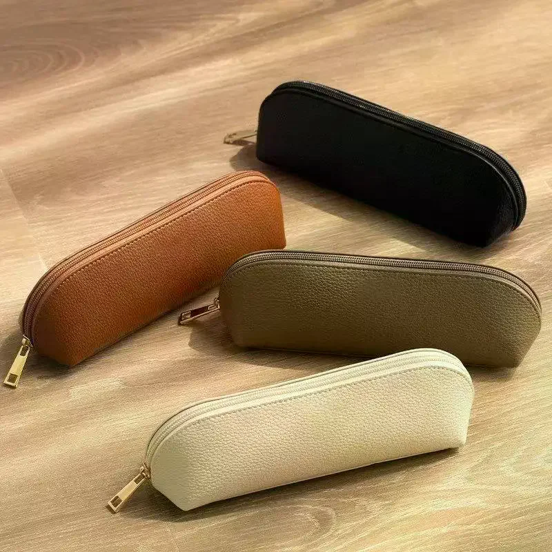 PU Leather Pencil Pouch With Waterproof Surface Metal Zipper For School Office Stationery Storage