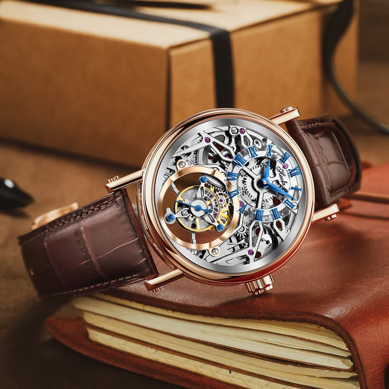 Haofa 1602skeleton Flying Tourbillon Manual Winding Plum Screws Classical Carving 42h Power Storage 30m Waterproof Leather Strap