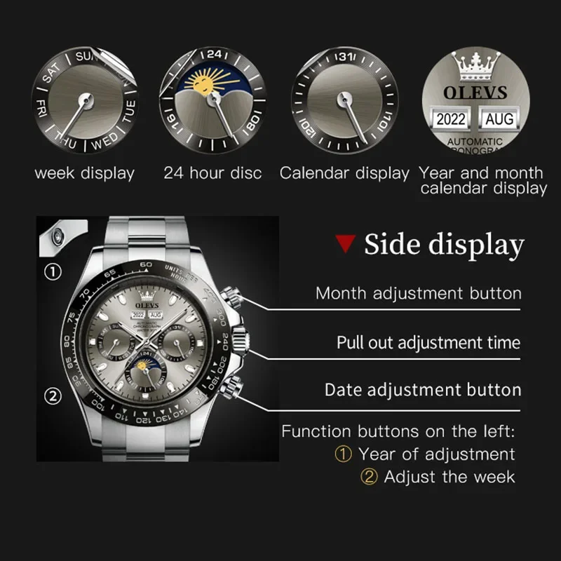 OLEVS-Reloj de pulsera de acero inoxidable para hombre, cronógrafo de lujo, resistente al agua, luminoso, mecánico, automático, de negocios