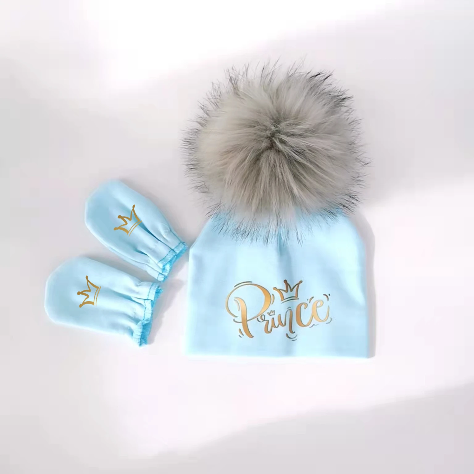 Neugeborenen baby fotografie requisiten baumwolle beanie mit abnehmbare pompom hut beanie bonnet mit handschuhe fuß umfasst prinzessin prinz