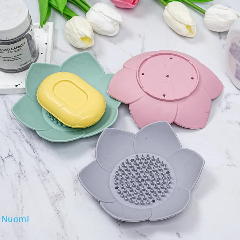 

Y Soap Box Lotus Shape Non-slip Portable Silicone for Water Draining Solid Color Draining Soap Dish Kitchen Bathroom Accessories
