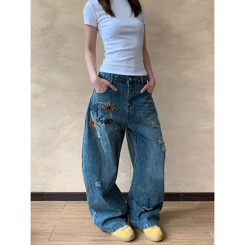 

ZHIZOU Women Y2k Blue Ripped Jeans Harajuku American Baggy Denim Trouser Vintage Gothic Embroidery Jeans Pants 2000s Clothes