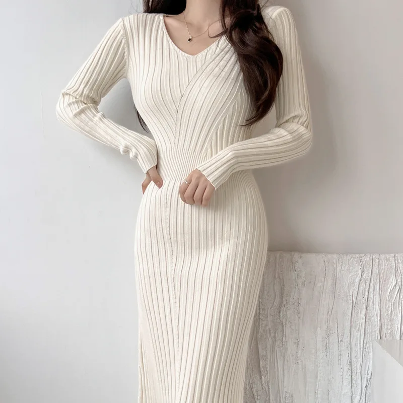 

Women's Knittng Dress 2025 Autumn Winter Knit Dress Slim Fit Retro V Neck Waist Cinched Bodycon Long Sleeve Dress