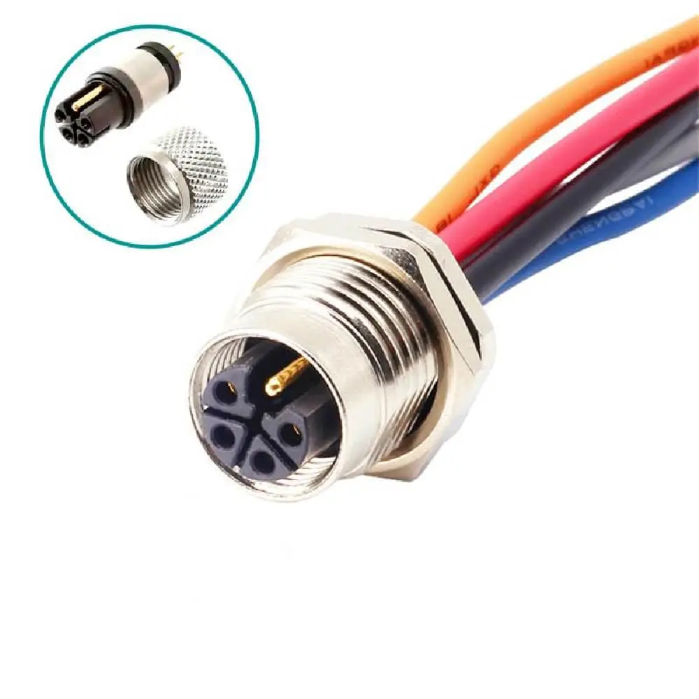 M12 to M16 Power Connector 4+PE Pin, Female Panel Mount, IP67 Waterproof, 1 Meter Cable for Industrial Automation