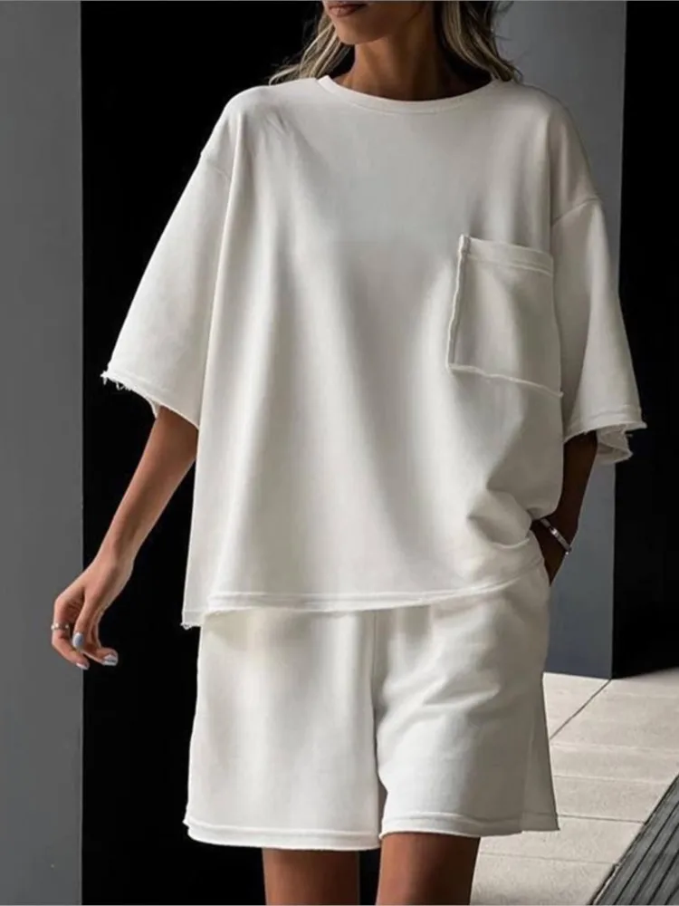 

Summer Casual Sports Sets Outfits For Women Fashion Solid O Neck Short Sleeve Tops+Shorts Loose 2 Pieces Set Womens Clothing New