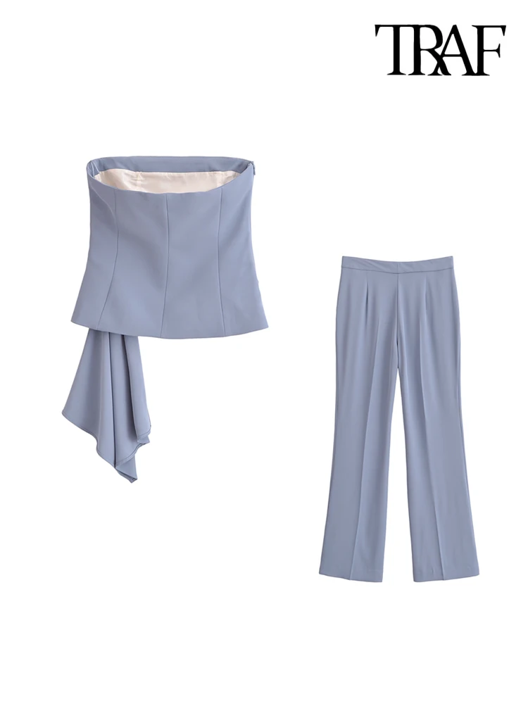TRAF Women Fashion Draped Bustier Tops And High Waist Side Pockets Flared Pants Female Two Piece Sets Mujer
