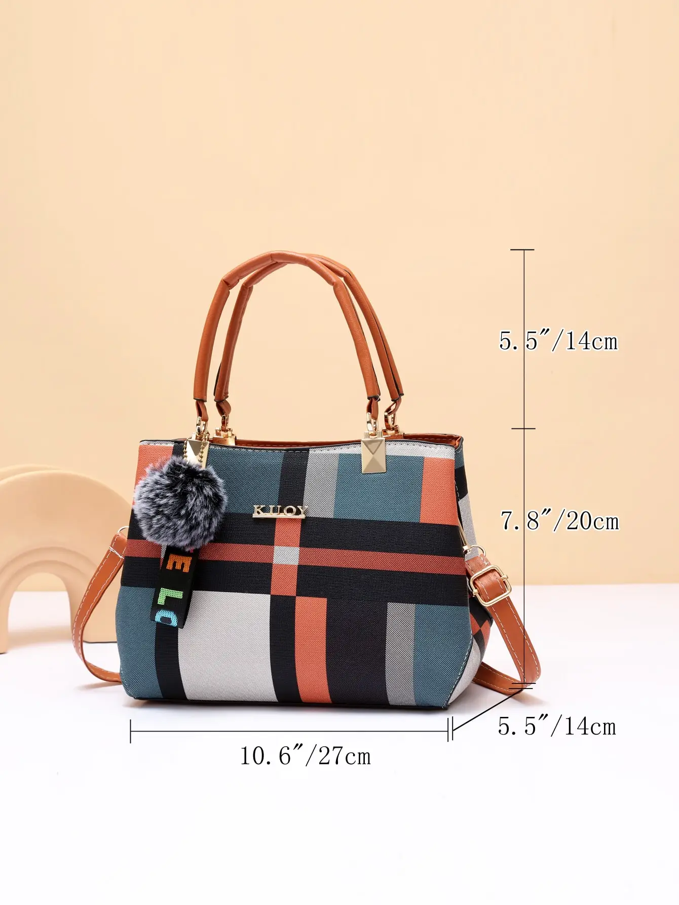 กระเป๋าถือลายสก๊อตกระเป๋าสะพายข้างตกแต่งปอมปอมปอมกระเป๋ามือจับด้านบนสำหรับผู้หญิงสำหรับทำงาน