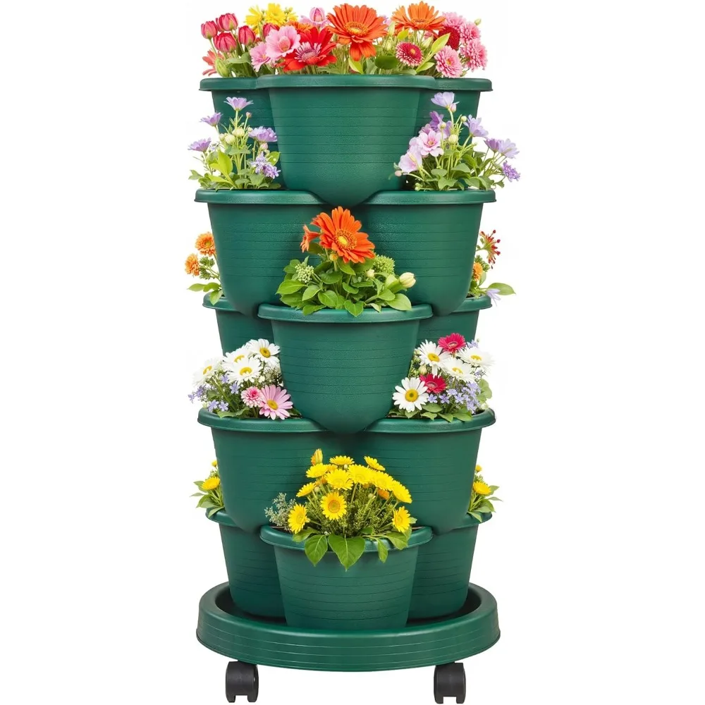

5-уровневая штабелируемая кашпо для самополива с колесами для клубники, трав, цветов, овощей темно-зеленого цвета