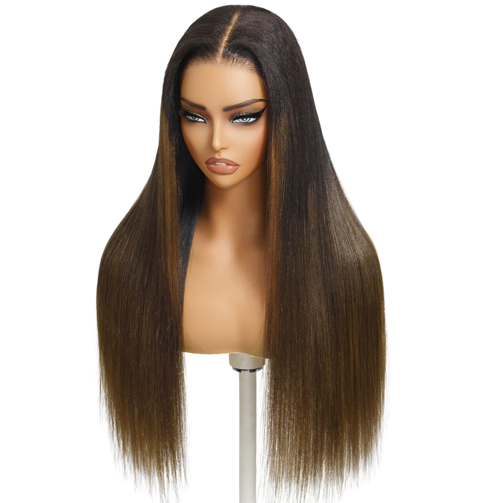 UNice Ombre Brown Yaki Glatte Echthaarperücke mit Kordelzug, rutschfeste 7x5 Spitze, vorgeschnitten, vorgebleicht, klebefreie Perücke, sofort tragbar