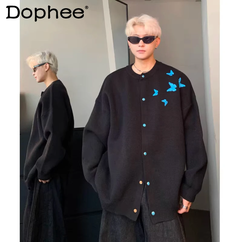 

2025 Autumn Winter New Retro Floral Embroidered Cardigan Knitted Sweater Jackets Men's Fashion Tops Round Neck Loose Sweaters