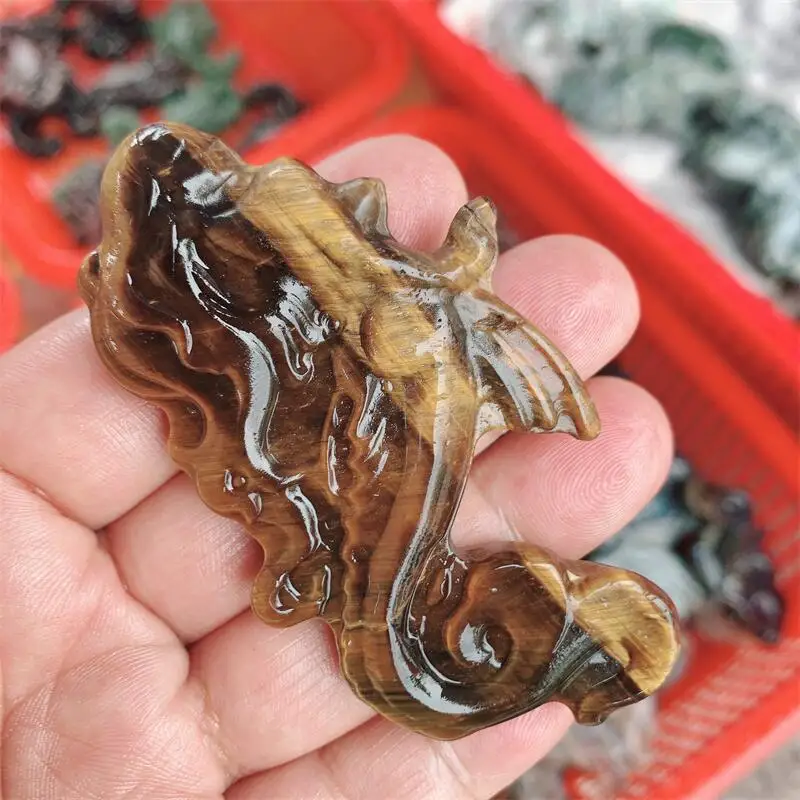 Natural Tiger Eye Stone Mermaid Statue Healing Crystal Carving Feng Shui Aesthetic Fengshui Home Decoration Reiki Gift 1pcs