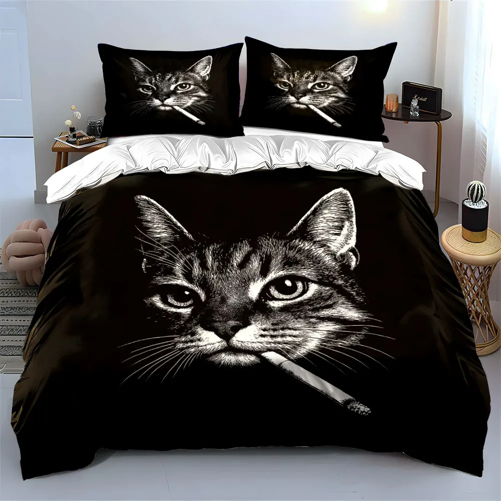 Cat with Cigarette Black White parteen Duvet Cover Set with 3D Printing Design Soft Polyester Bedding Set All-Season Comfort