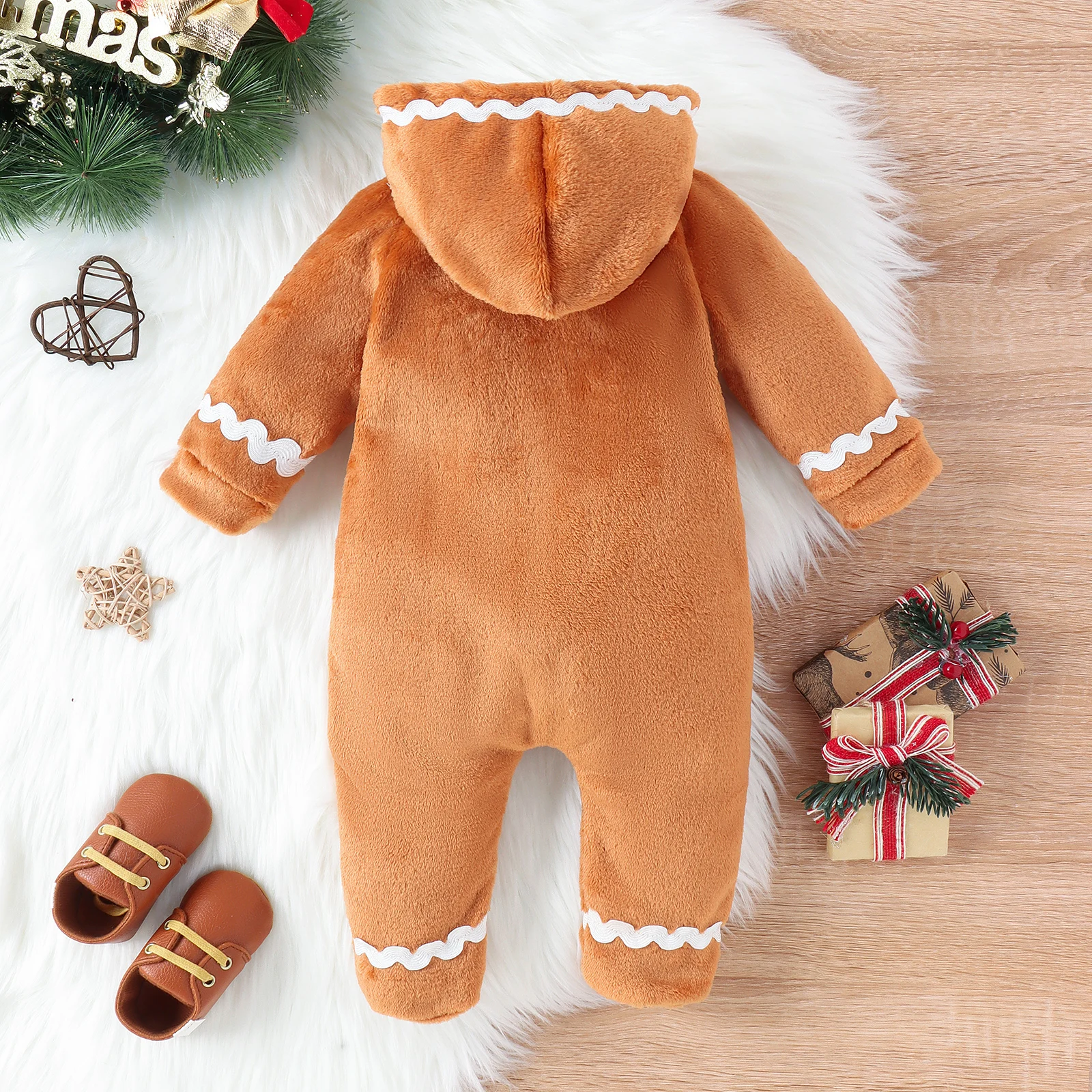 Autumn And Winter New Style For Boys And Girls Aged 0-1, Casual And Cute Fluffy Coffee Color Christmas Jumpsuit