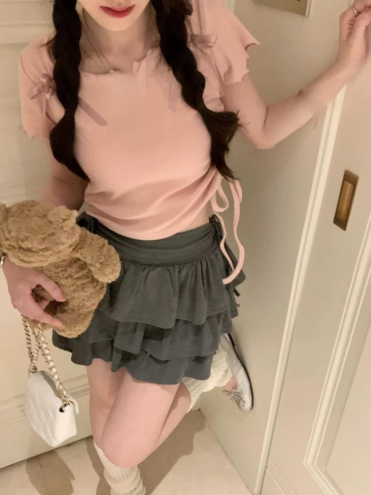 Japanese Kawaii Party Two Piece Set Women Korea Fashion Cake Skirt Suit Female Pink Sweet Tops＋Casual Mini Skirt Summer 2023 New