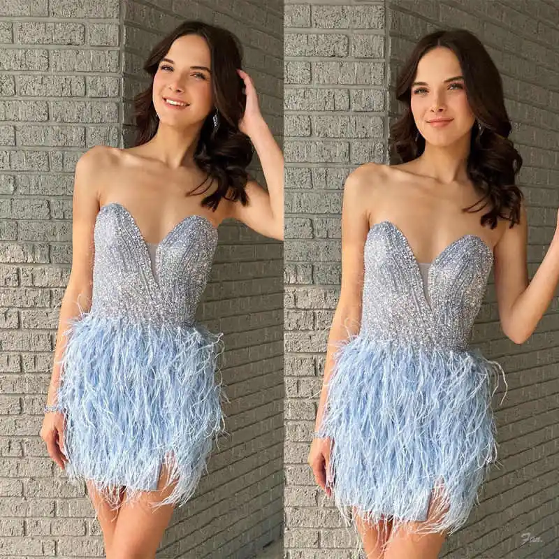 Luxuriöse Mini-Abschlussballkleider im Meerjungfrau-Stil, Verlobungsparty-Kleider, glitzernde Kristalle, Feder-Gastkleid, individuell gestaltet