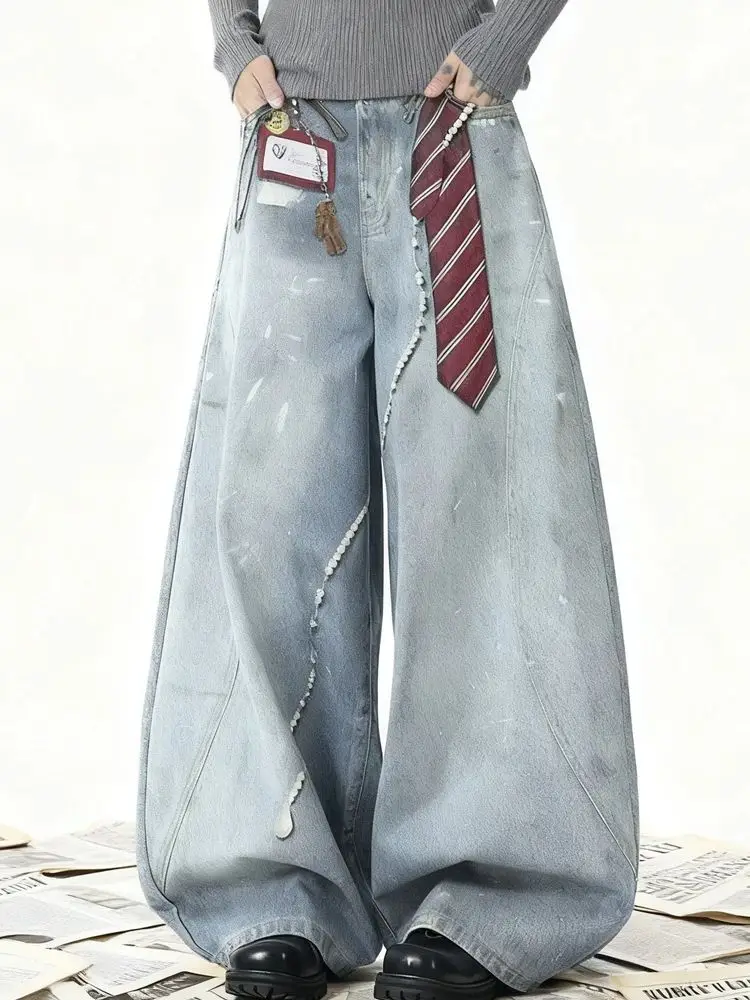 CHIC Street Woman Jeans Tie Studios Washed Denim Jeans Women Cargo Pants High Waist Casual Wide Leg Trousers for Men Female