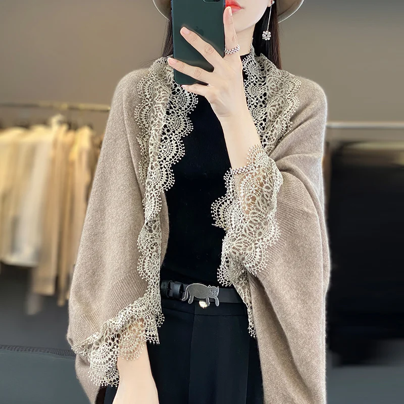 Popular Lace Edge 100% Wool Knitted Shawl Spring Autumn Thin Women\'s Soft, Skin friendly, Breathable, and Fashionable Cardigan