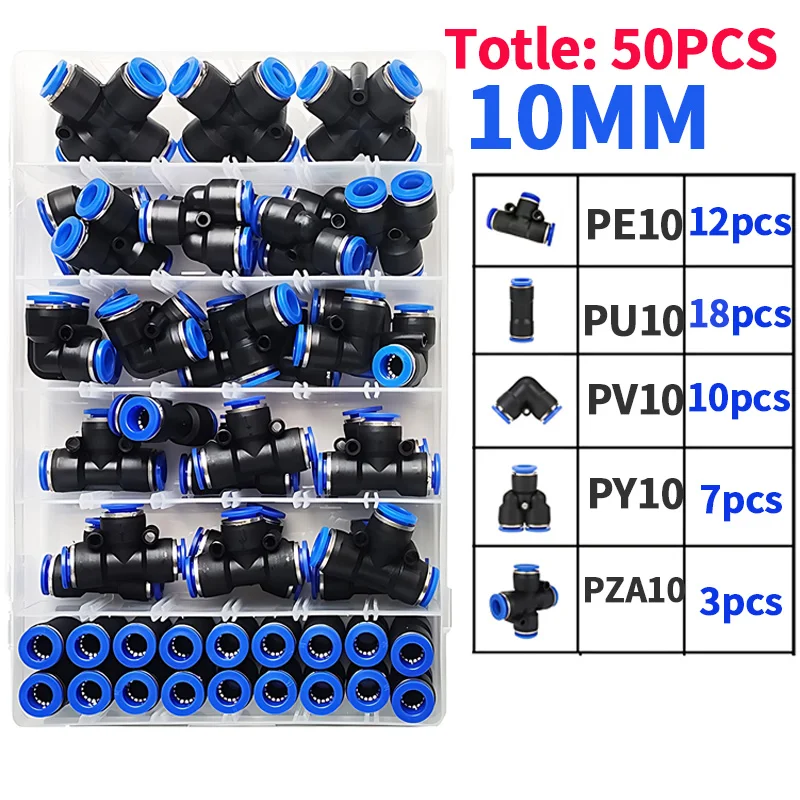 Boxed 50 PCs PU-10/PE-10/PZA-10/PY-10/PV-10/PG-10 Pneumatic Fitting Kit 10mm Outer Diameter of the Hose Pipe Tube Air Connectors